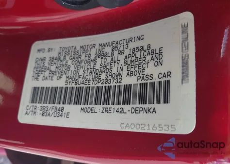 2013 Toyota Corolla Le из США, поврежденный, VIN 5YFBU4EE7DP203732